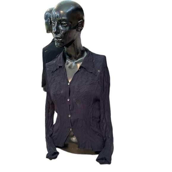 🌺 Black Embroidered Transparent Stretchy Nylon Button Down Collared Blou… - Picture 1 of 4